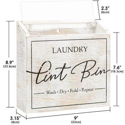 J JACKCUBE DESIGN Magnetic Lint Bin for Laundry Room, Lint Basket Container, Trash Can Box, Organizer, Storage for Washer and Dryer Supplies- White Washed Rustic Wood Wall Mount- MK904A