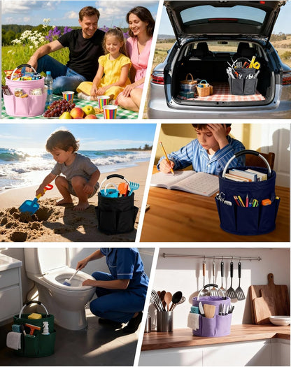 Cleaning Caddy with Handle, for Cleaning Supplies Organizer Bucket | Foldable Storage Tote with 6 Pockets,17L Large Capacity Basket for Household Organizer,Laundry Room,Bathroom & Home