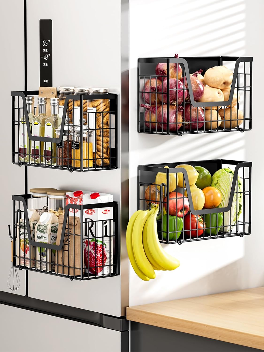 Magnetic Shelf for Fridge, Fruit Basket Magnet Shelves with 2 Hooks | Potato and Onion Storage Bins, Black Magnetic Organizer Side of Fridge Storage, Magnetic Spice Rack for Refrigerator Kitchen