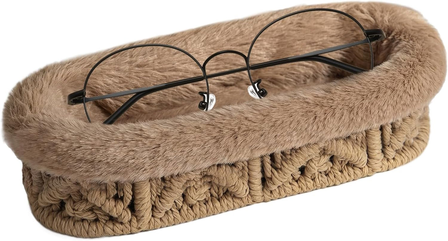 Glasses Holder, Anti-scratch Plush Lined Eyeglass Holder Stand | Oval Eye-glasses Storage Organizer Case for Nightstand, Office Desk, Bedside Table, Beige