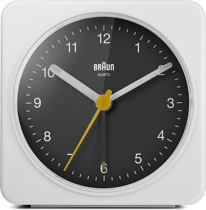 Braun Classic Analogue Alarm Clock with Snooze and Light, Quiet Quartz Sweeping Movement, Crescendo Beep Alarm in White, Model BC03W.