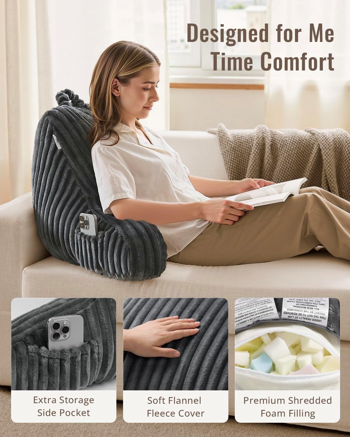 Blissful Diary Reading Pillow, Backrest Pillow with Shredded Memory Foam for Adult & Children, Designed for Bed and Couch Sitting Up, Includes Arms, Pockets and Washable Cover, Off White