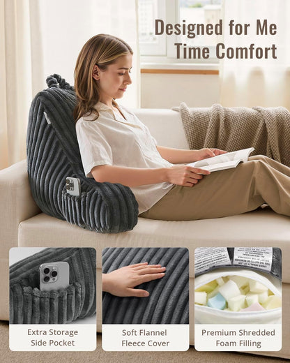 Blissful Diary Reading Pillow, Backrest Pillow with Shredded Memory Foam for Adult & Children, Designed for Bed and Couch Sitting Up, Includes Arms, Pockets and Washable Cover, Off White