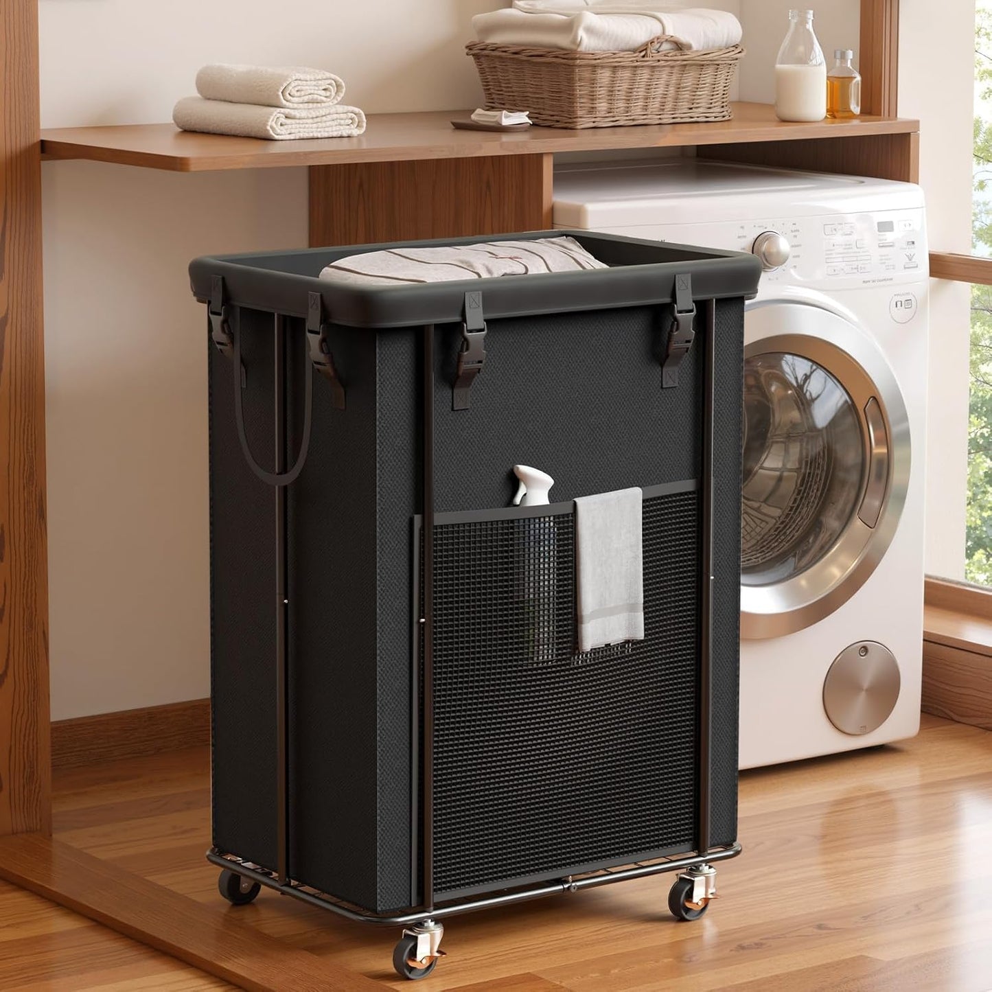 Laundry Hamper with Wheels, 150L Rolling Laundry Basket with Bag & Handles | Sturdy Metal Frame | Removable Bag | Large & Tall Dirty Clothes Hampers for Laundry Room, Bedroom, Dorm, Bathroom-Black
