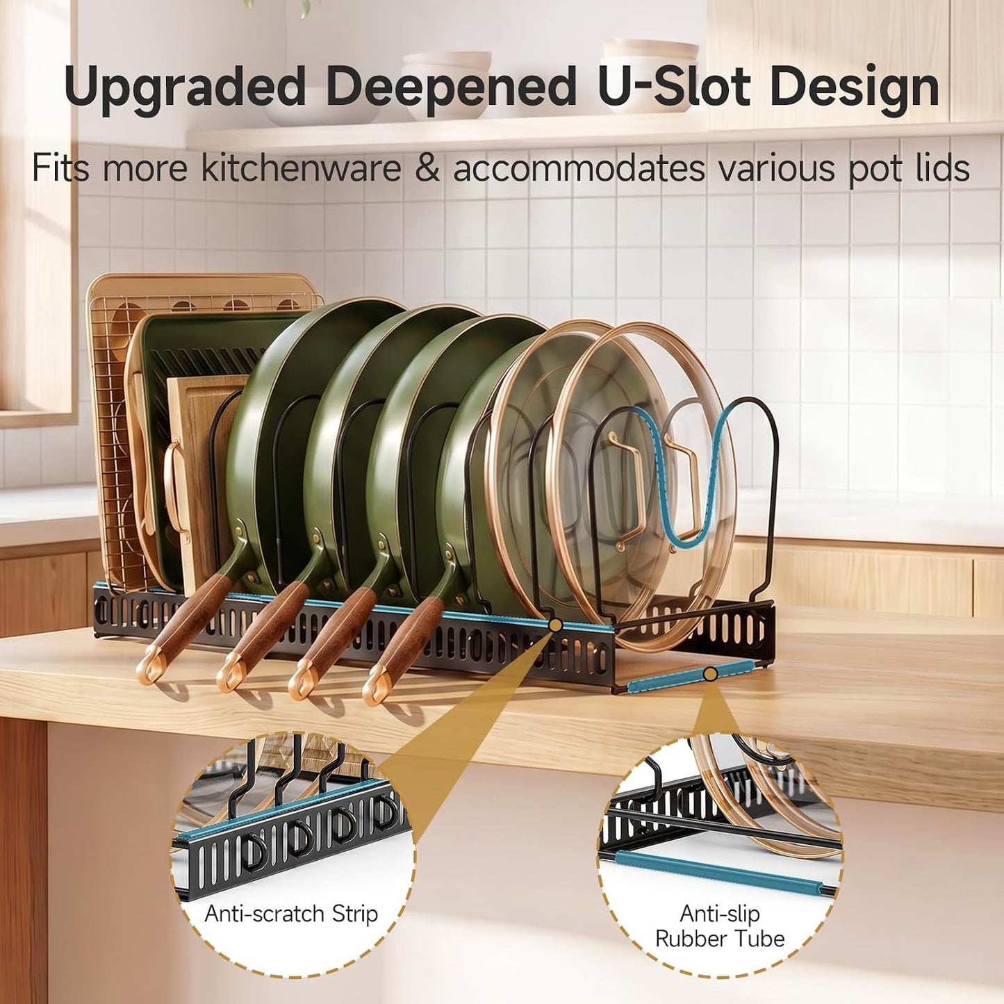MUDEELA Pot Lid Organizer for Cabinet, Adjustable Baking Pan Rack 7 Slots | 7 Adjustable Divider, Tool-Free Assembly,Non-Slip, Scratch-Proof, Sturdy Metal Frame, For Pan Lid Cutting Board Bakeware