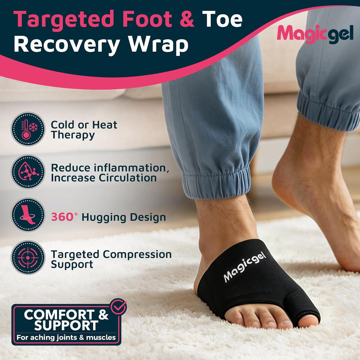 Magic Gel Foot Ice Pack Wrap & Toe Wrap for Gout Relief, Bunion, Plantar Fasciitis, Turf Toe, Broken Toe, Swelling, Foot & Toe Pain Relief, Hot & Cold Gel Therapy, Reusable Compression Support