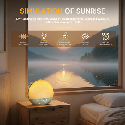 Geuuap Sunrise Alarm Clock White Noise Machine with Bluetooth Speaker,Khaki | 30 Soothing Sounds, 17 Dimmable lights, Simulated Sunrise, Backup Battery Memory, Auto-off Sleep Timer, Screen-Free Design