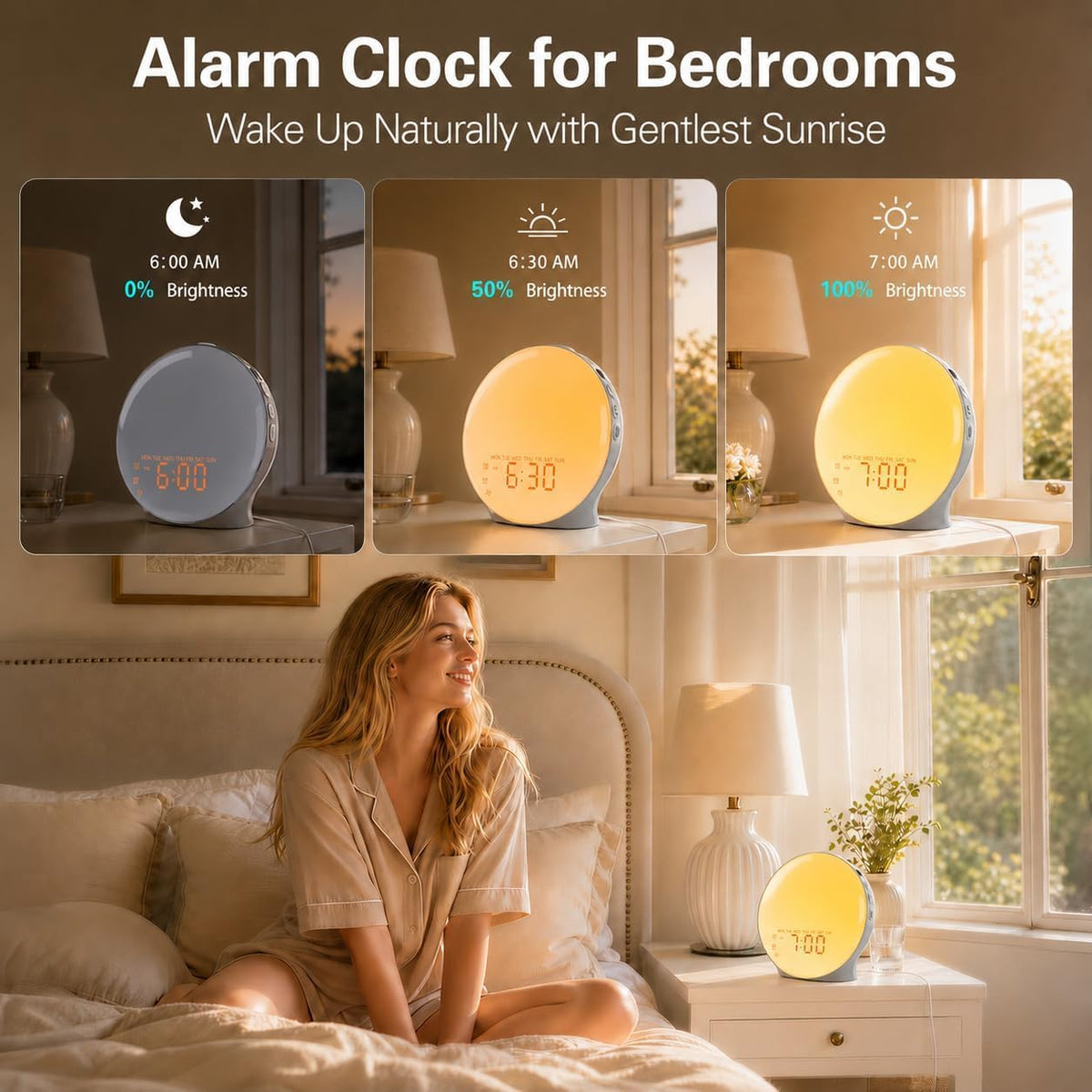 JALL Full Screen Dimmer Sunrise Alarm Clocks for Bedrooms, Wake Up Light with FM Radio, 25 White Noise Sleep Sounds, Bluetooth Speaker, Dual Alarms Bedside Clock for Heavy Sleepers