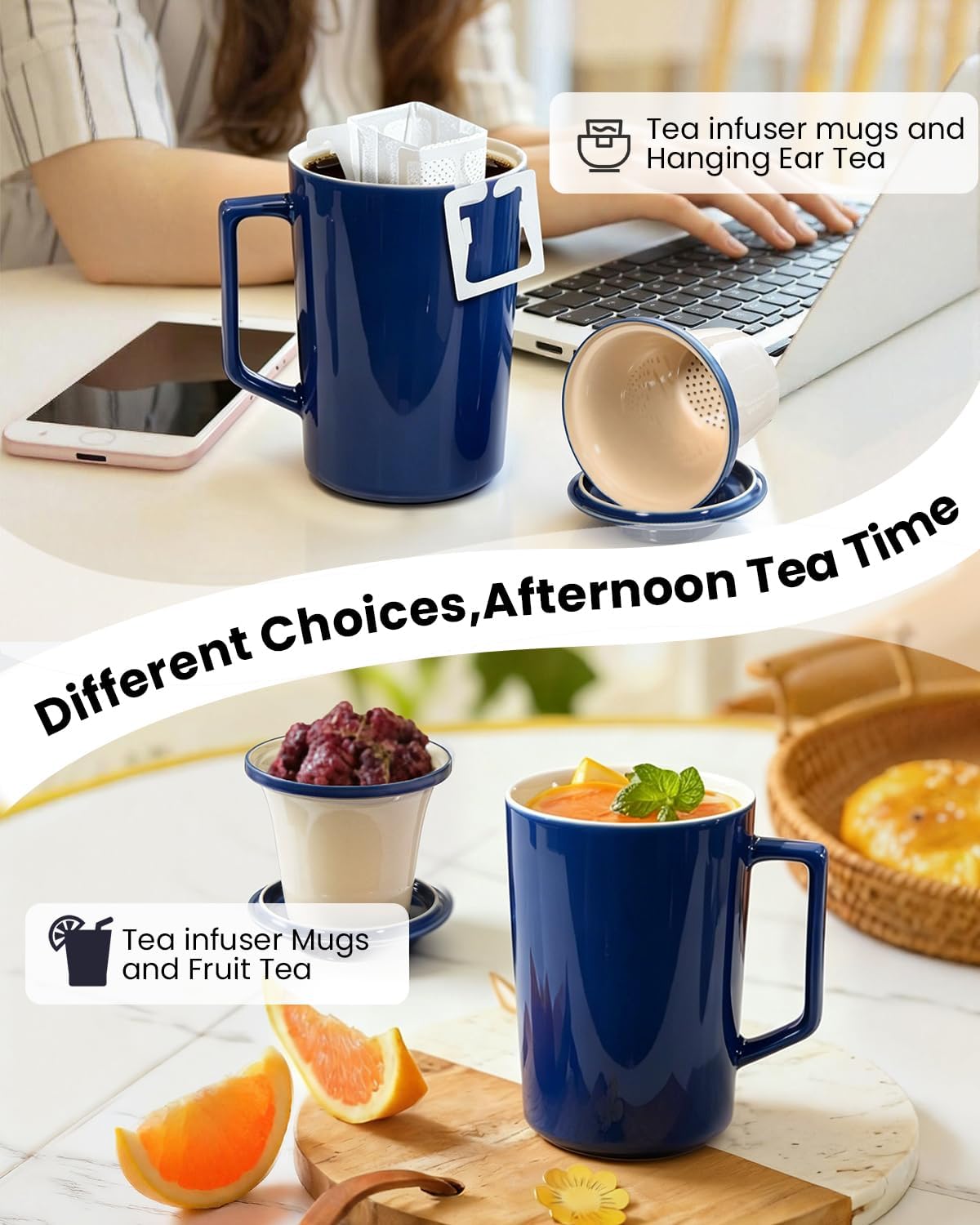 15 oz Ceramic Tea Infuser Cup with Lid - Tea Mug with All Porcelain Strainer for Loose Leaf Teas,Microwave and Dishwasher Safe,Metal-Free,BPA-Free for Tea Lovers/Birthday (Black)
