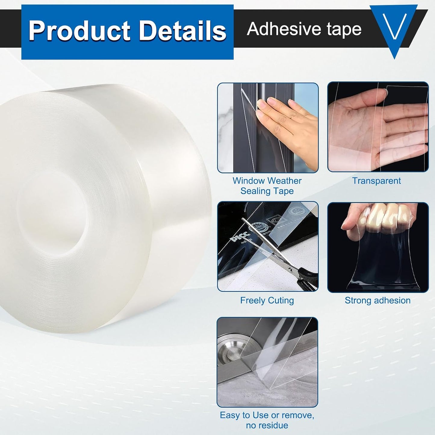 Window Weather Sealing Tape 2 Inch x 33 FT Weather Stripping Residue-Free Clear Window Draft Isolation Sealing Film Caulk Tape for Doors and Shower Glass Gaps Bathroom