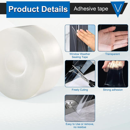 Window Weather Sealing Tape 2 Inch x 33 FT Weather Stripping Residue-Free Clear Window Draft Isolation Sealing Film Caulk Tape for Doors and Shower Glass Gaps Bathroom