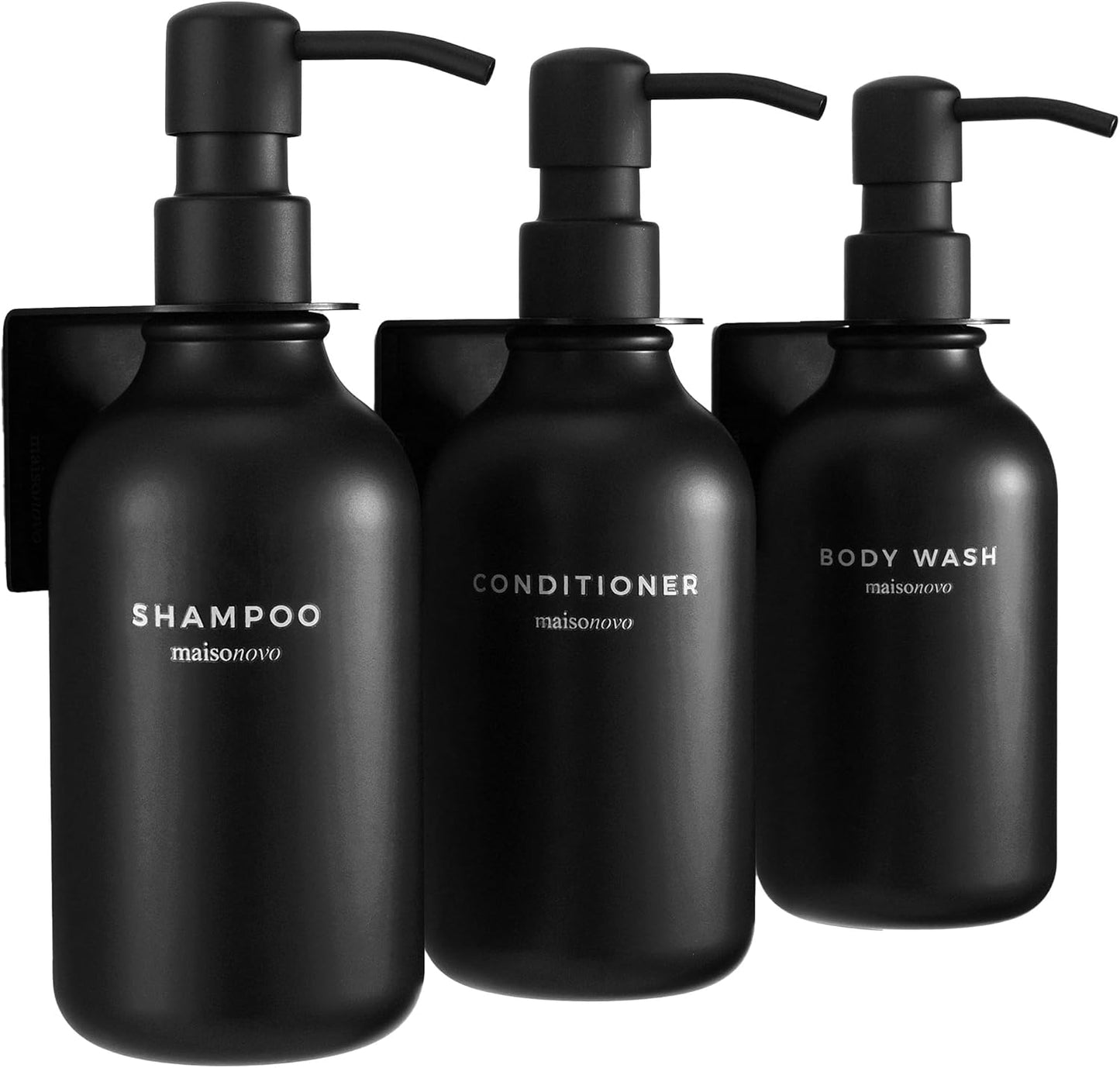 MaisoNovo Shampoo and Conditioner Dispenser|Refillable Black Set of 3 | 500 ml Shower Gel Dispenser Set of 3. Refillable Shampoo and Conditioner Bottles. Drill Free Secure Design. Black