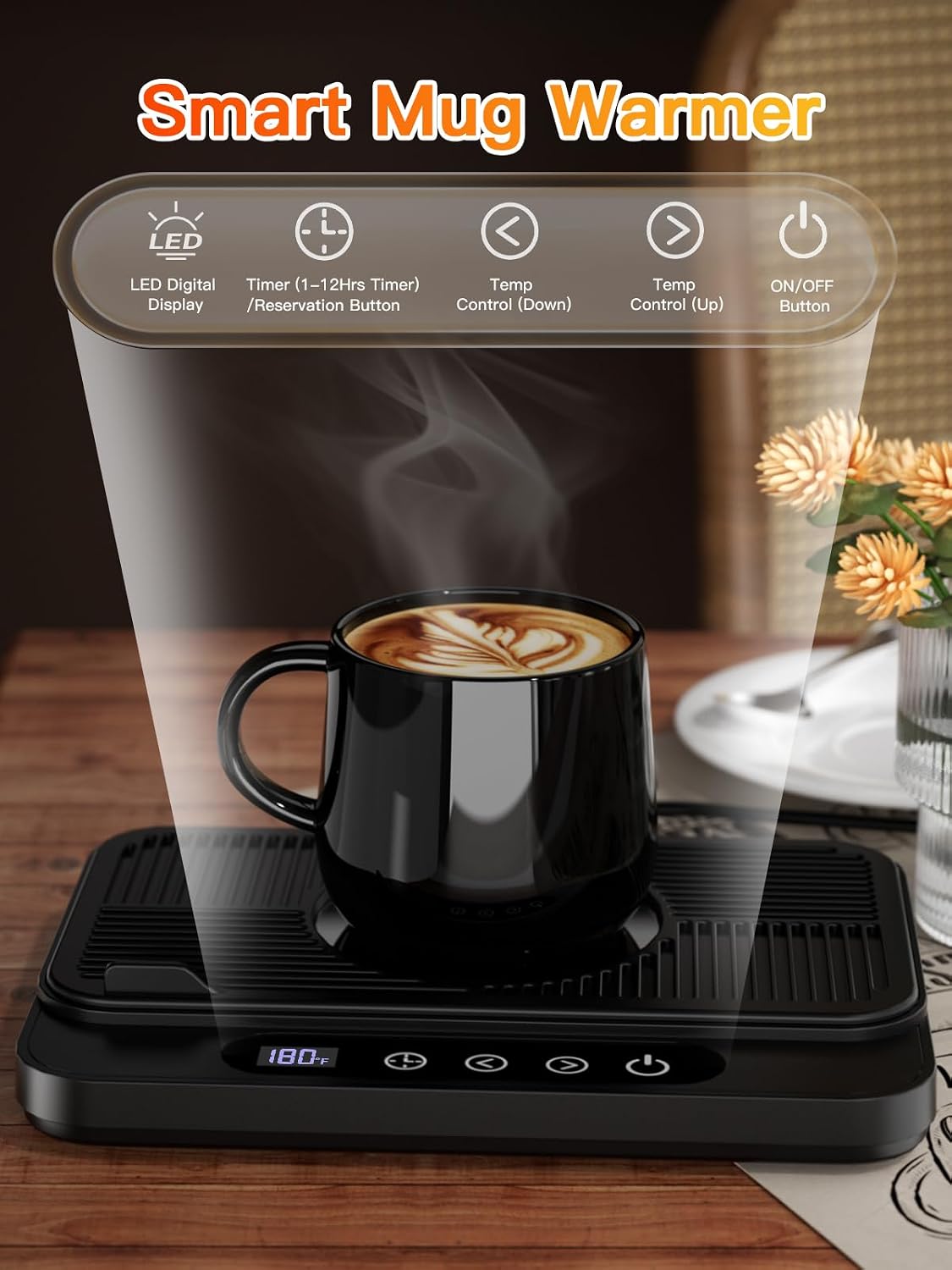 Misby Coffee Mug Warmer, 50W Large Heating Panel Mug Warmer with 6-Temp Settings, 8H Auto Shut-Off, 12H Timer, Ultra-Thin Design, Coffee Warmer for Desk, Ideal for Home, Office, and Travel (Black)