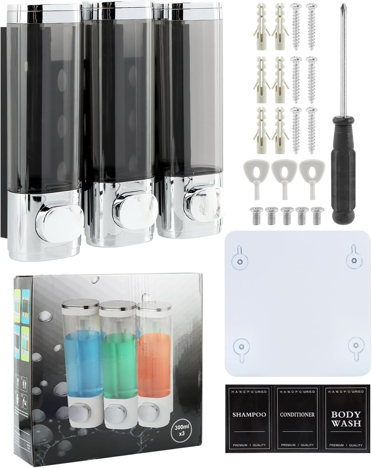 Shampoo and Conditioner Dispenser 3 Chamber No Drill Shower Soap Dispenser Wall Mounted, Shampoo Dispenser for Shower Wall Body Wash Dispenser for Bathroom Toilet Hotel Kitchen
