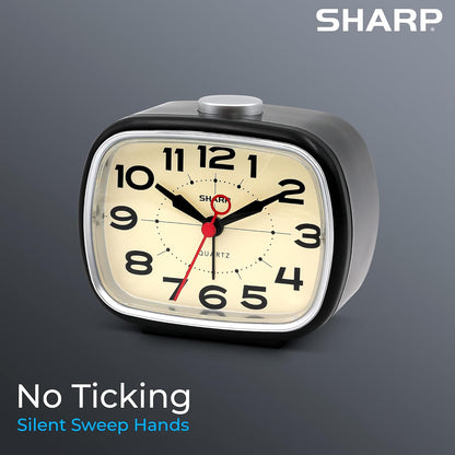 Sharp Small Retro Analog Alarm Clock, Silent Non-Ticking, Battery Powered | 4.3-inch compact size, top snooze control, beep wake sound, easy-read dial, bedside, desk, travel, bedroom, nightstand, shelf