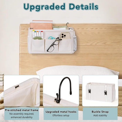 Bedside Caddy, Bedside Storage Bag Hanging Organizer for Bunk Dorm Bed Rail | Bed Caddy with Hooks, Top Bunks and Dorm Essentials for Water, Tissues, Tablets, Books, Phones, Remotes and Other Necessories