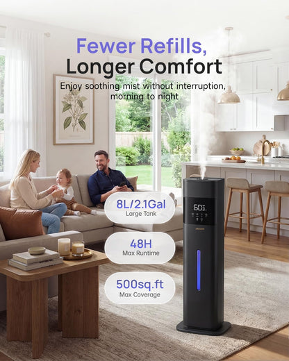 Humidifier Large Room, 2.1Gal/8L Cool Mist Humidifiers for Bedroom 500 sq ft, Humidifiers for Home with Essential Oil Diffuser, Top Fill Quiet Humidifier for Baby Nursery Office Plants, Black
