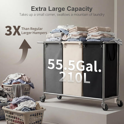 Heybly 3-Section Laundry Sorter Hamper,Rolling Laundry Hamper with Removable Bags – Heavy-Duty Laundry Sorter Cart with Wheels for Dirty Clothes, 40.2 x 15.4 x 33.1 Inches HLH024P03