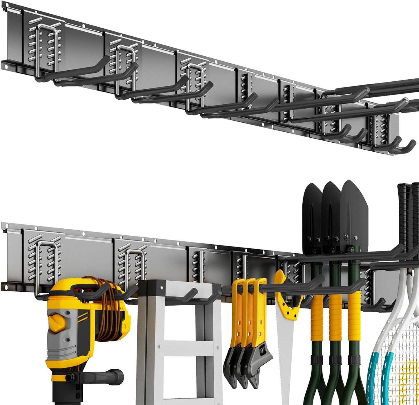 Garage Tool Organizer Wall Mount, 48 Inch Heavy Duty Garden Tool Organizer Storage System, Easy Install with 6 Adjustable Straight Hooks, for Garage, Basement, Shed, Workshop, Black, Steel