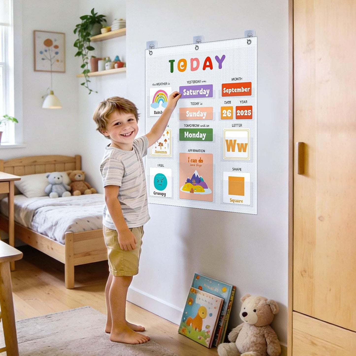 Daily Morning Board Circle Time Calendar Weather Seasons Positive Affirmations Letter Shape Number of the Day Pocket Chart,Toddler Preschool Calendar,Homeschool Morning Work Activity, Pastel Design