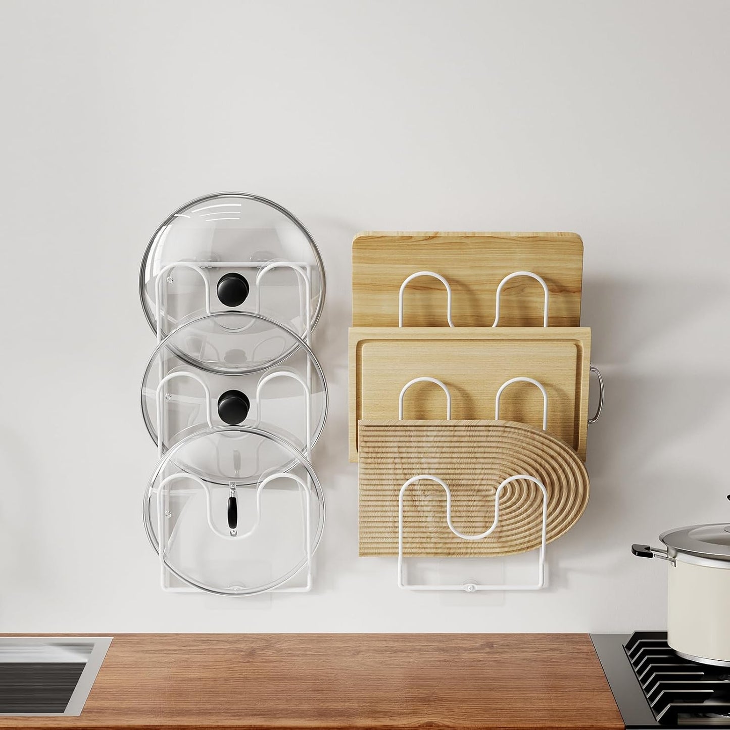 Pot Lid Organizer Rack for Cabinet Door, 2 Pack Pot Lid Holder White | 6-Tier Lid Racks for Cabinet Door/Wall, No Drilling Adhesive Mount, Rustproof, Fits Pot Pan Lid, Cutting Board & Cookie Sheet