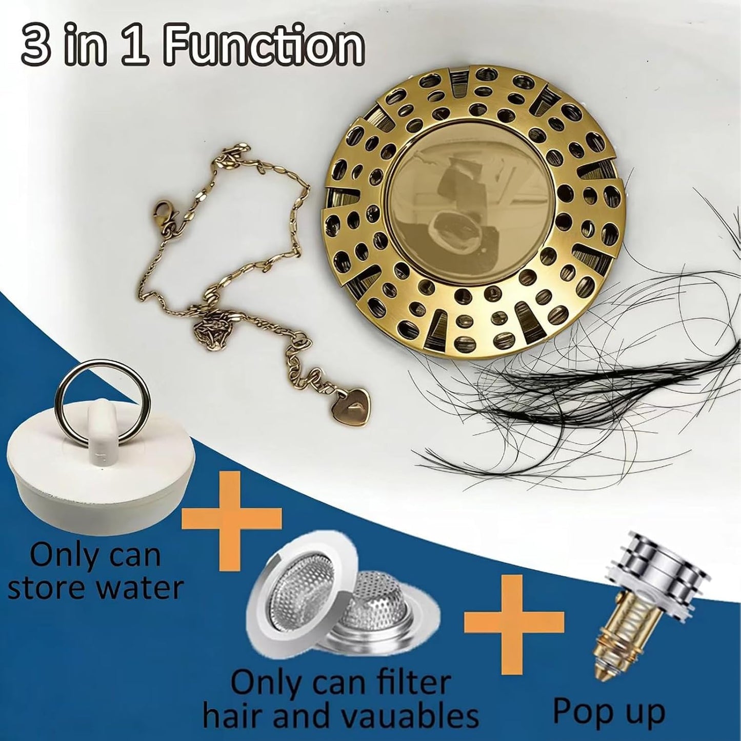 AzWzz Universal Tub Stopper Bathtub Drain Plug, Pop Up Tub Drain Hair Catcher, Drain Cover with Strainer, for 1-3/8 to 2in Bath Drain Hole