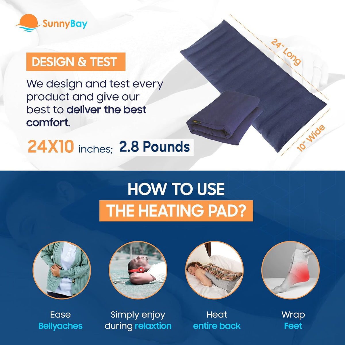 SunnyBay Extra Large Heating Pad, 10x24 inch, 2.8 lb, Navy Blue