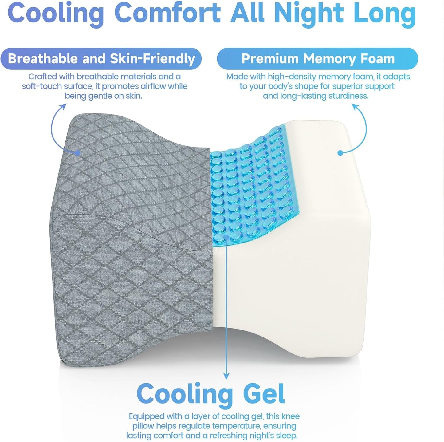 CloudBliss Cooling Gel Knee Pillow for Side Sleepers, Memory Foam, White | Contoured leg pillow, high-density foam, removable machine-washable cover, breathable fabric, hip and knee support