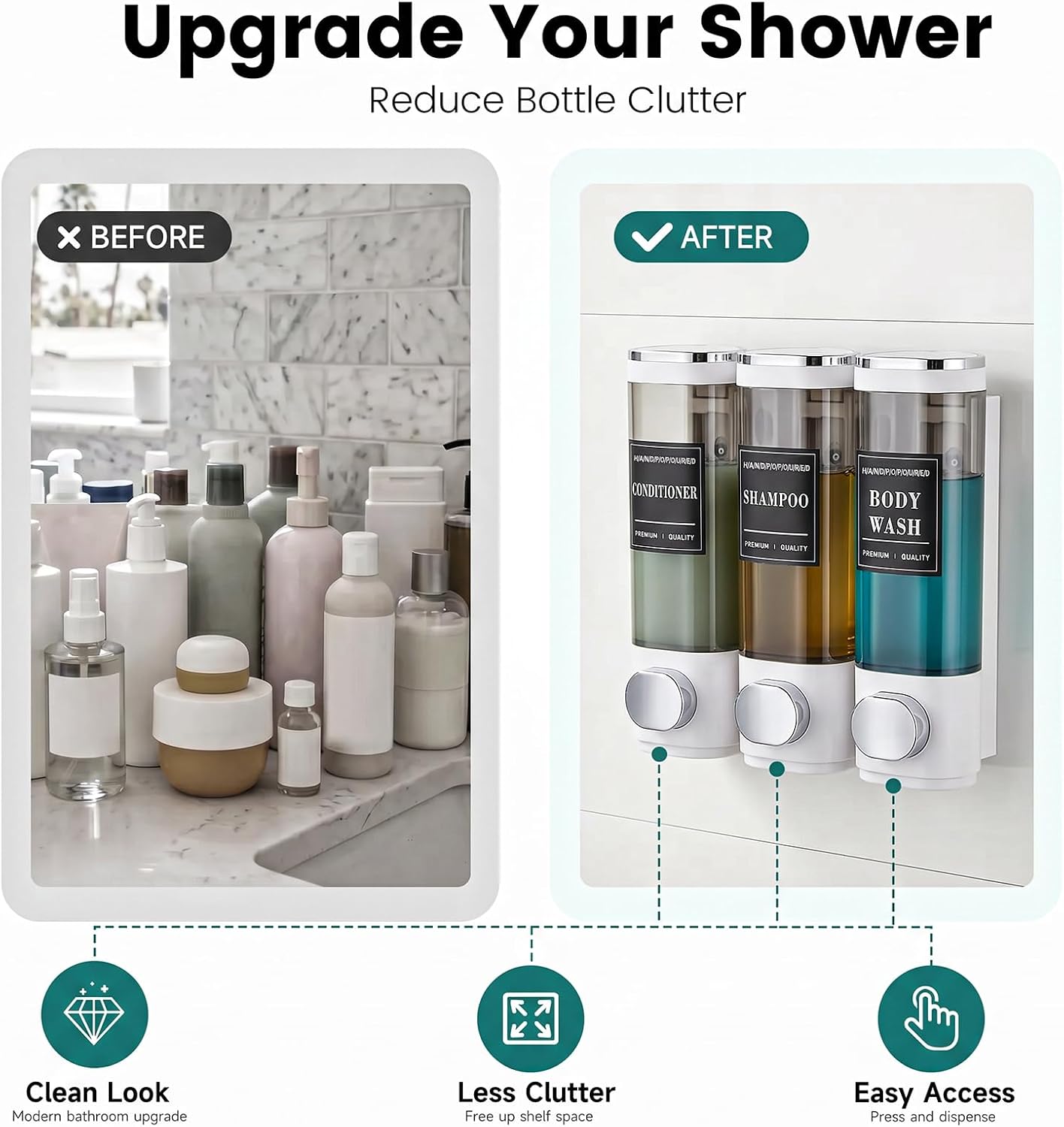 Wall Mounted Shower Soap Dispenser 3 Chamber,No Drill Shower Dispenser | Shampoo and Conditioner Dispenser for Bathroom Hotel Large Capacity, each 300ml with two waterproof labels,Gold