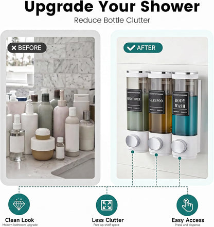 Wall Mounted Shower Soap Dispenser 3 Chamber,No Drill Shower Dispenser | Shampoo and Conditioner Dispenser for Bathroom Hotel Large Capacity, each 300ml with two waterproof labels,Gold