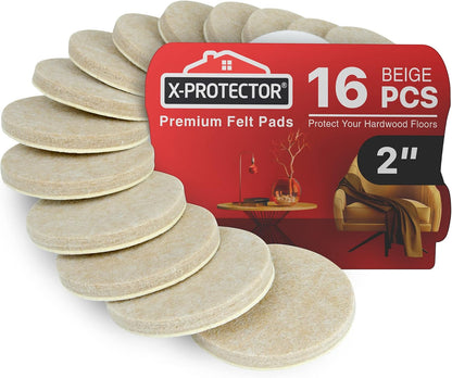 16 Heavy-Duty Felt Furniture Pads 2” 1/4” Thick X-Protector Round Felt Pads | Furniture Feet - The Best Felt Floor Protectors for Furniture to Prevent Scratches. Protect Your Hard Floor! (Beige)