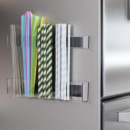 Upgraded 9.5'' Large Acrylic Straw Holder for Cabinet Door, Adjustable Space-Saving Straw Organizer Storage Dispenser for Cabinet with Ultra Sticky Adhesive Strips, 2-Part Rack, Drainage Holes