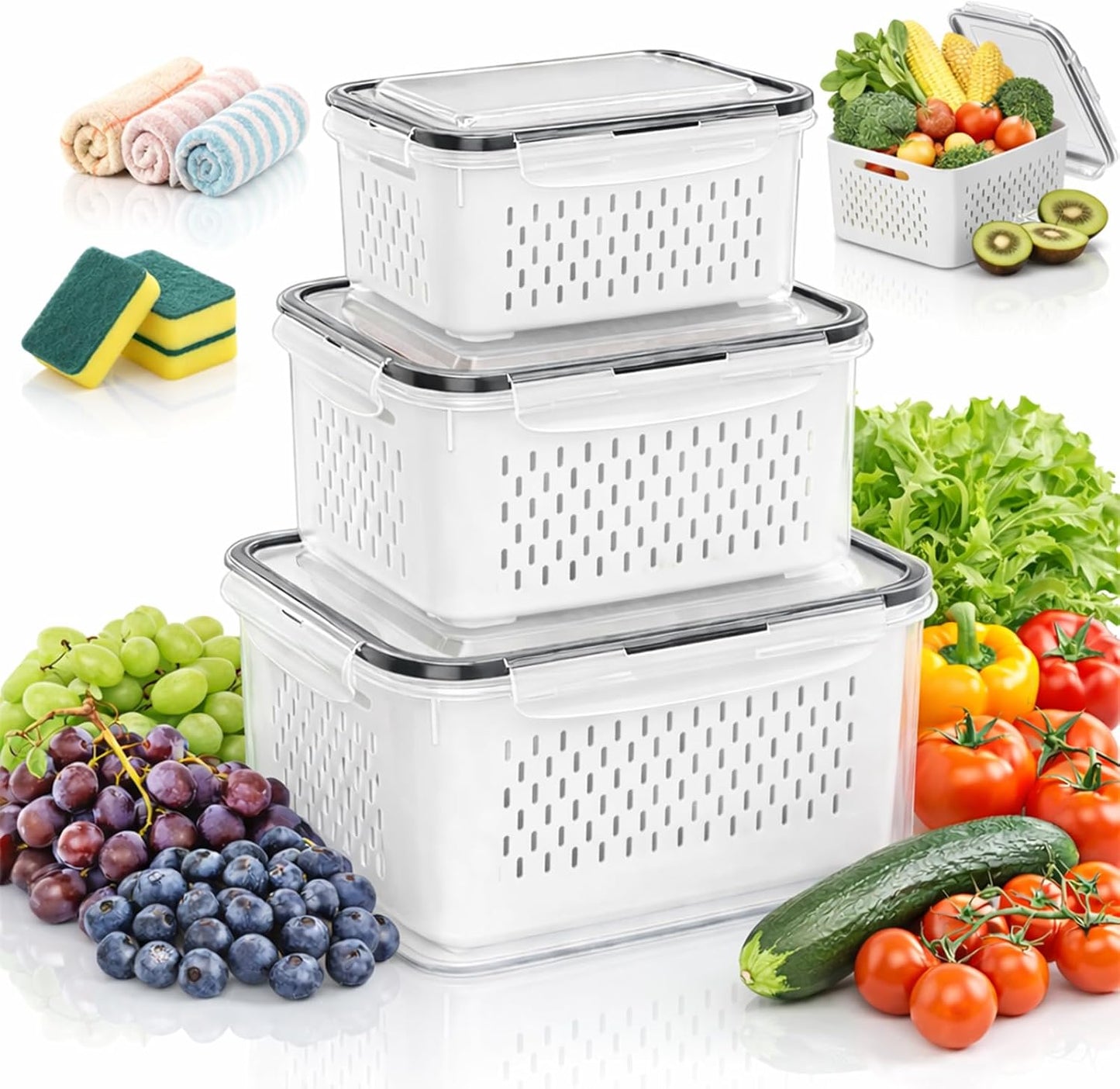 2026 Upgraded 4 in 1 Food Storage Container, Fruit Storage Containers for Fridge with Removable Colanders, Household Transparent Plastic Food Storage Box-Including Drain Basket (Blue,S+M)