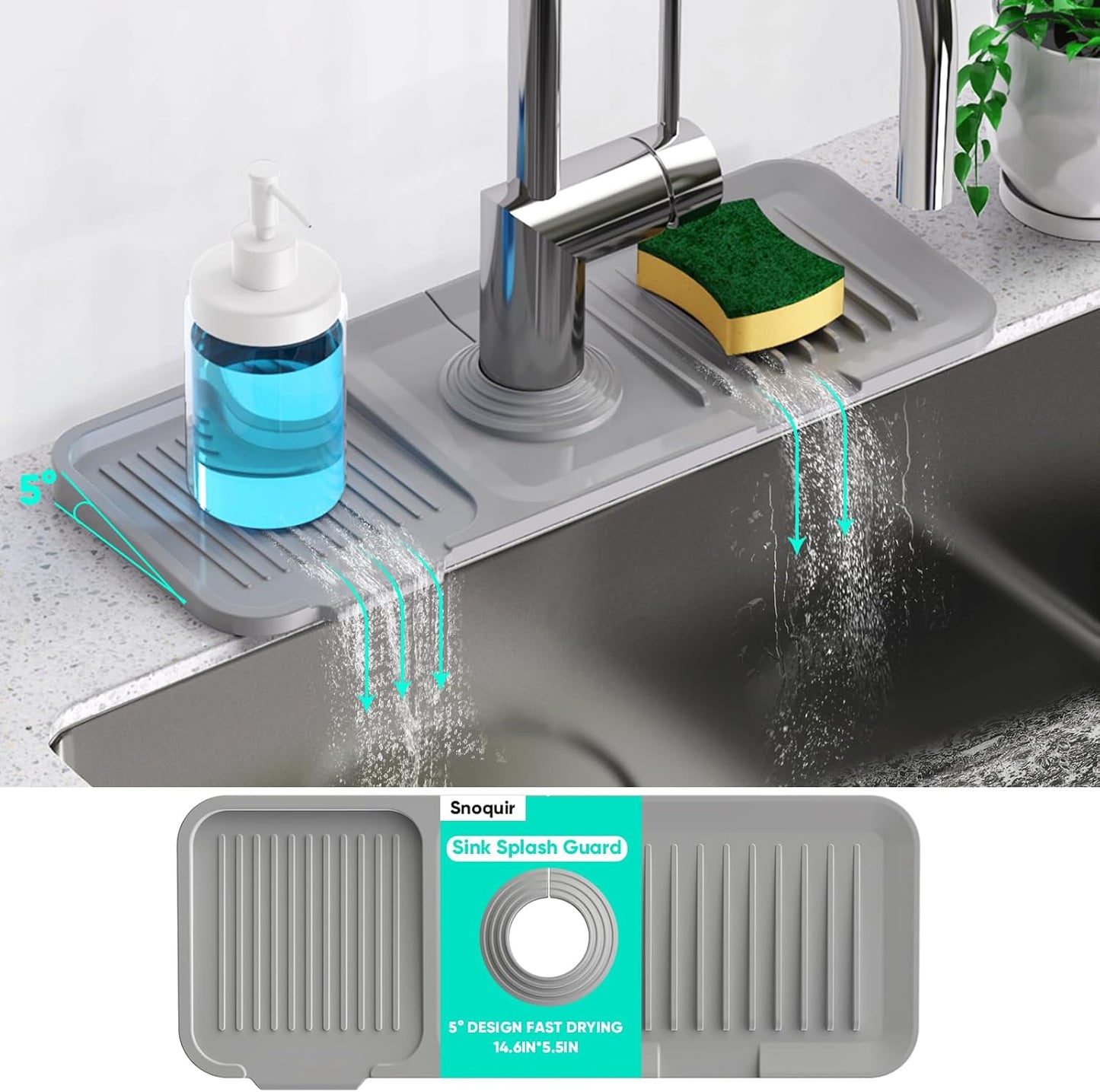 24 Inch Longer Faucet Mat for Kitchen Sink [5° Slope Fast Self-draining]Bathroom Kitchen Sink Splash Guard Silicone Sinks Faucet Mat Splash Guard for Kitchens Sinks Area Tidy Splashs Draining Mats