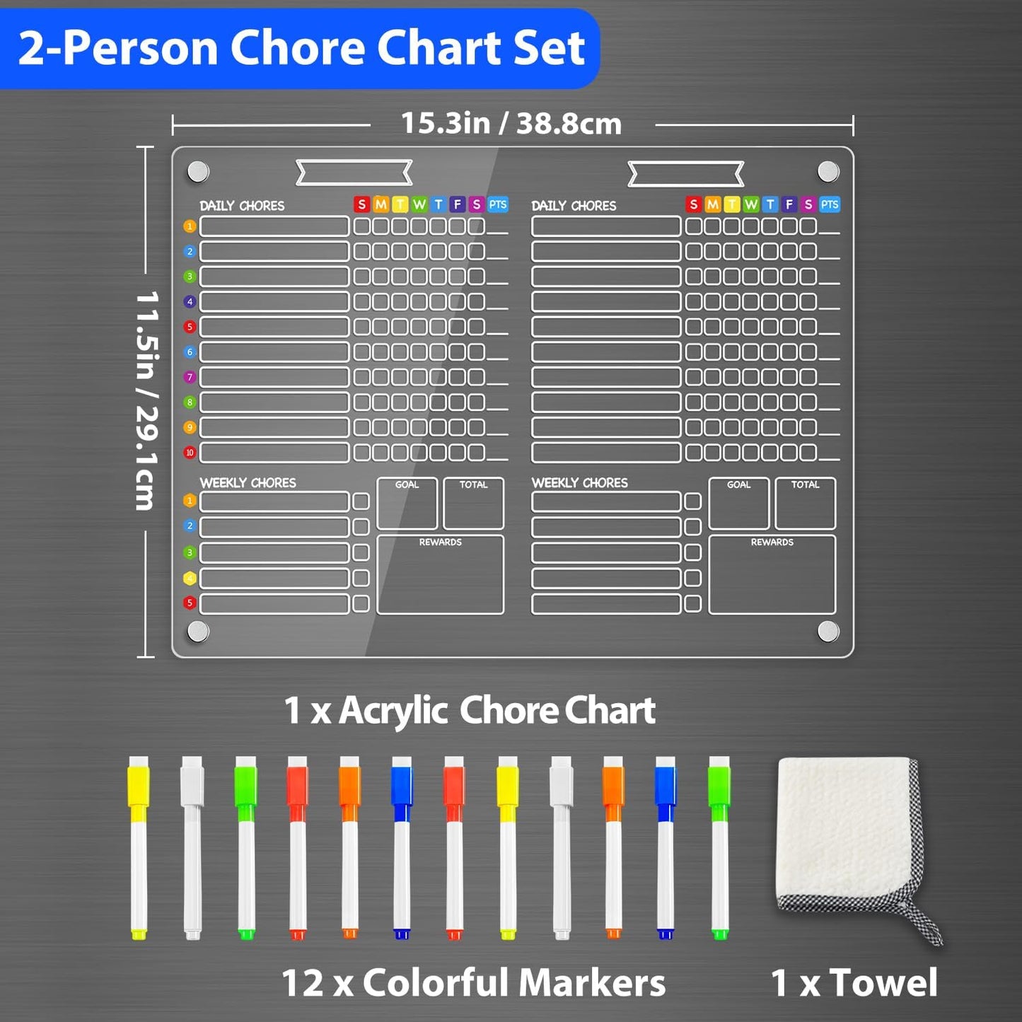 PigPotParty 2-in-1 Acrylic Magnetic Chore Chart for 2 Kids, Large 16x12 in | Clear Dry Erase Fridge Chore Board for Teens, Roommates; Vibrant Layout; Embedded Magnets; 12 Wet-Erase Markers and Towel