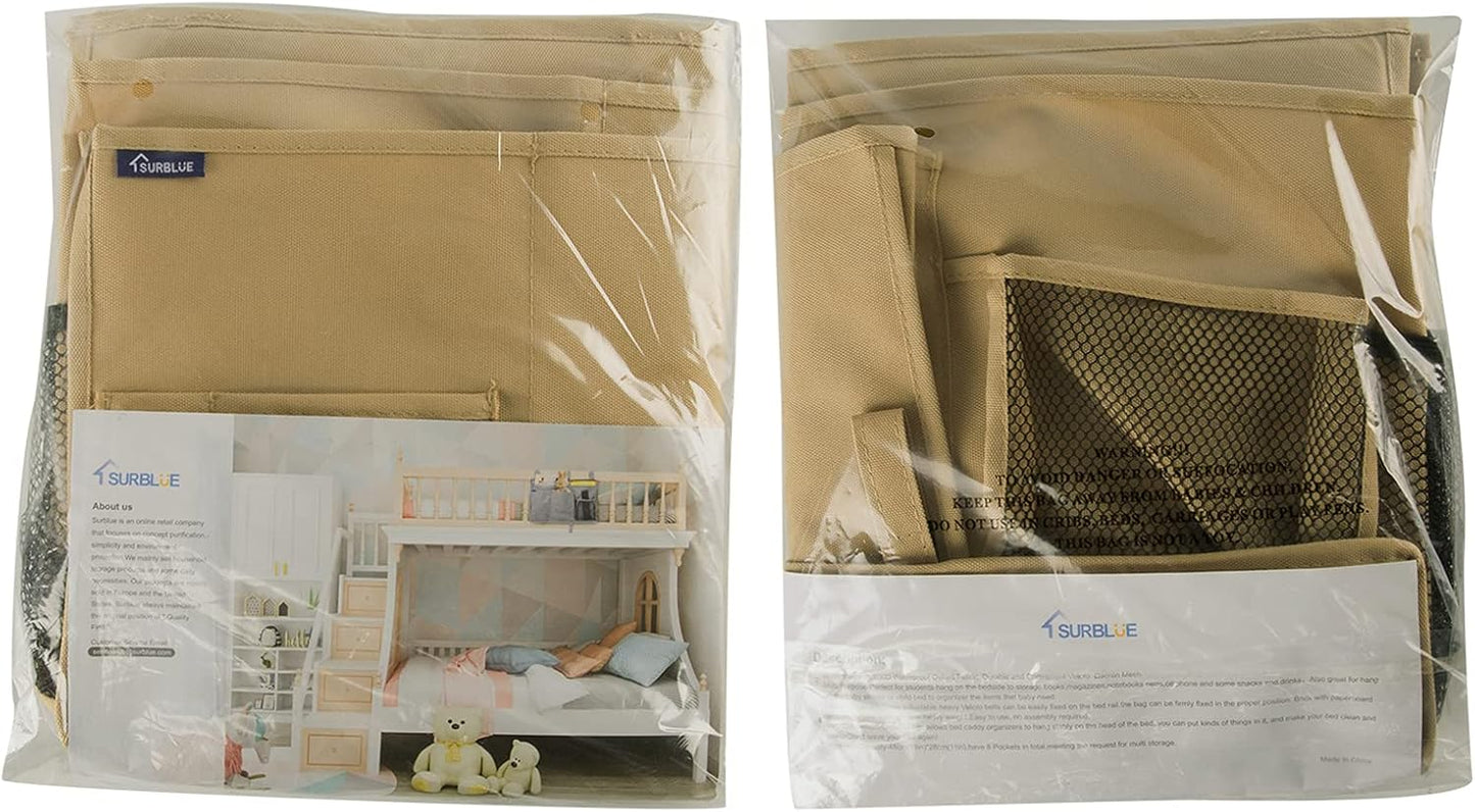 Surblue Bedside Caddy Hanging Organizer Storage Bag Pocket for Bunk, Hospital, College Dorm Rooms, Baby Bed Rails, Camp - 4 Pockets, 2 Hooks (Blue)