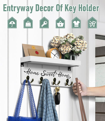 buways Key Holder Wall Mount with 8 Hooks and Cozy Home Sign (Gray) | Solid Wood, Floating Shelf for Keys, Mail, and Daily Essentials in Entryways, Hallways or Home Decor