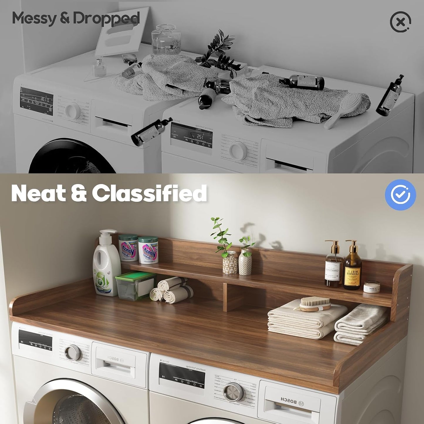 2-Tier Washer and Dryer Countertop with 2.75" H Guard,54" W x 27.5" D Laundry Countertop Cover with Non-Slip Pad,Large Space Laundry Topper for Folding Clothes Over Washer and Dryer-White