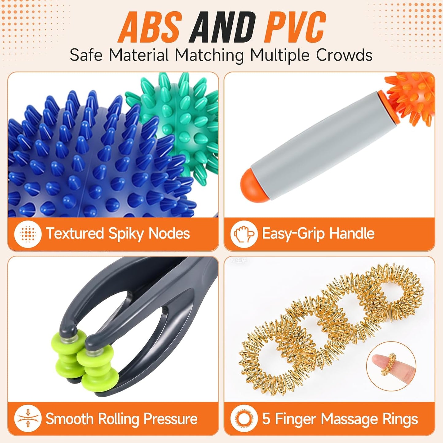 4 Pcs Manual Full Body Massage Tool Set with 5 Finger Rings | Handheld Spiky Massage Roller, Pressure Point Massage Stick, Deep Tissue Release, for Neck, Shoulder, Leg, Feet, Hand, Finger