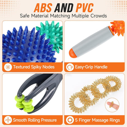 4 Pcs Manual Full Body Massage Tool Set with 5 Finger Rings | Handheld Spiky Massage Roller, Pressure Point Massage Stick, Deep Tissue Release, for Neck, Shoulder, Leg, Feet, Hand, Finger