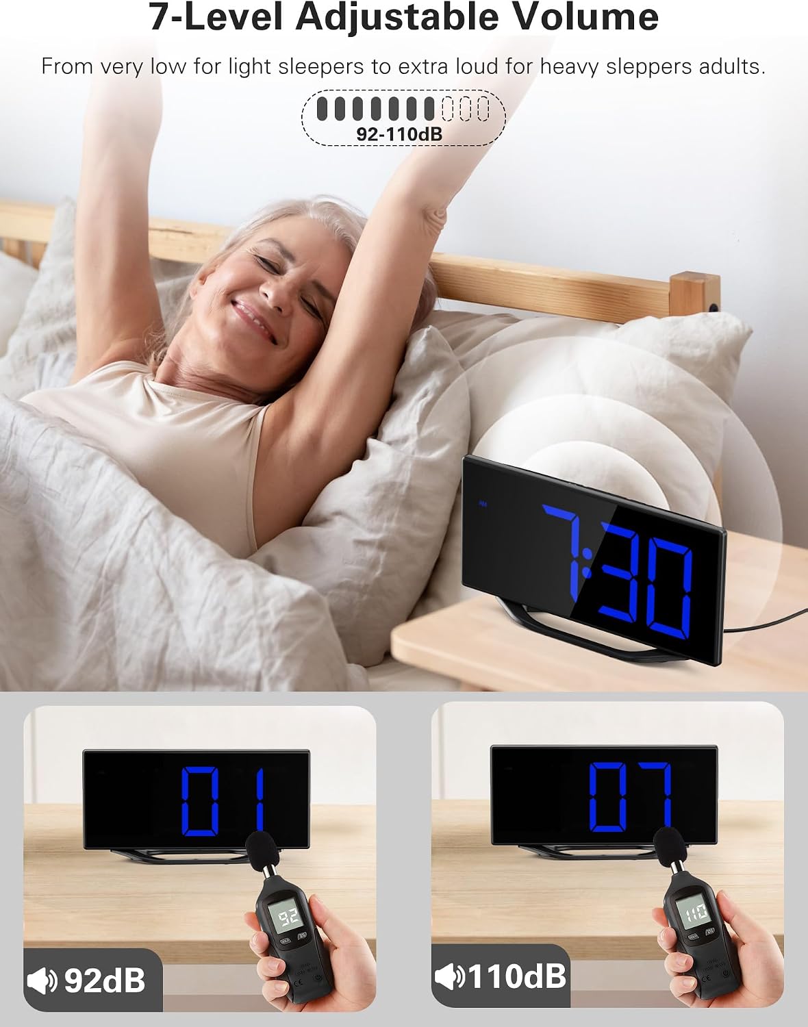 Roxicosly Super Loud Alarm Clock with Bed Shaker,Vibrating Alarm Clock for Heavy Sleepers Hearing Impaired Deaf Teens with USB Charger, Battery Backup,7-Level Brightness&Volume,Snooze,DST