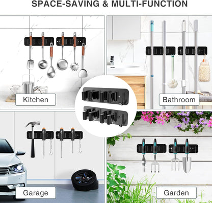 homeasy Wall Mount Mop and Broom Holder, Heavy Duty Stainless Steel Organizer Rack with Hooks | 2-Pack, 2-in-1 No Drill & Screw Installation, Silver