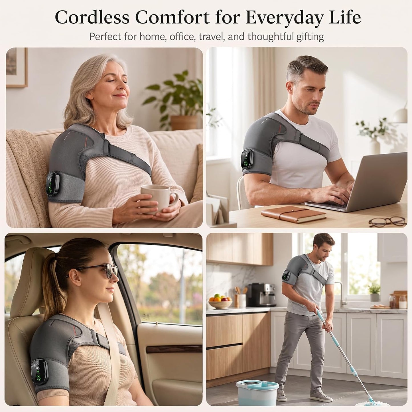 Cordless Shoulder Heating Pad with Massage, Portable Heated Shoulder Massage Wrap Pain Relief Deep Tissue for Men Women