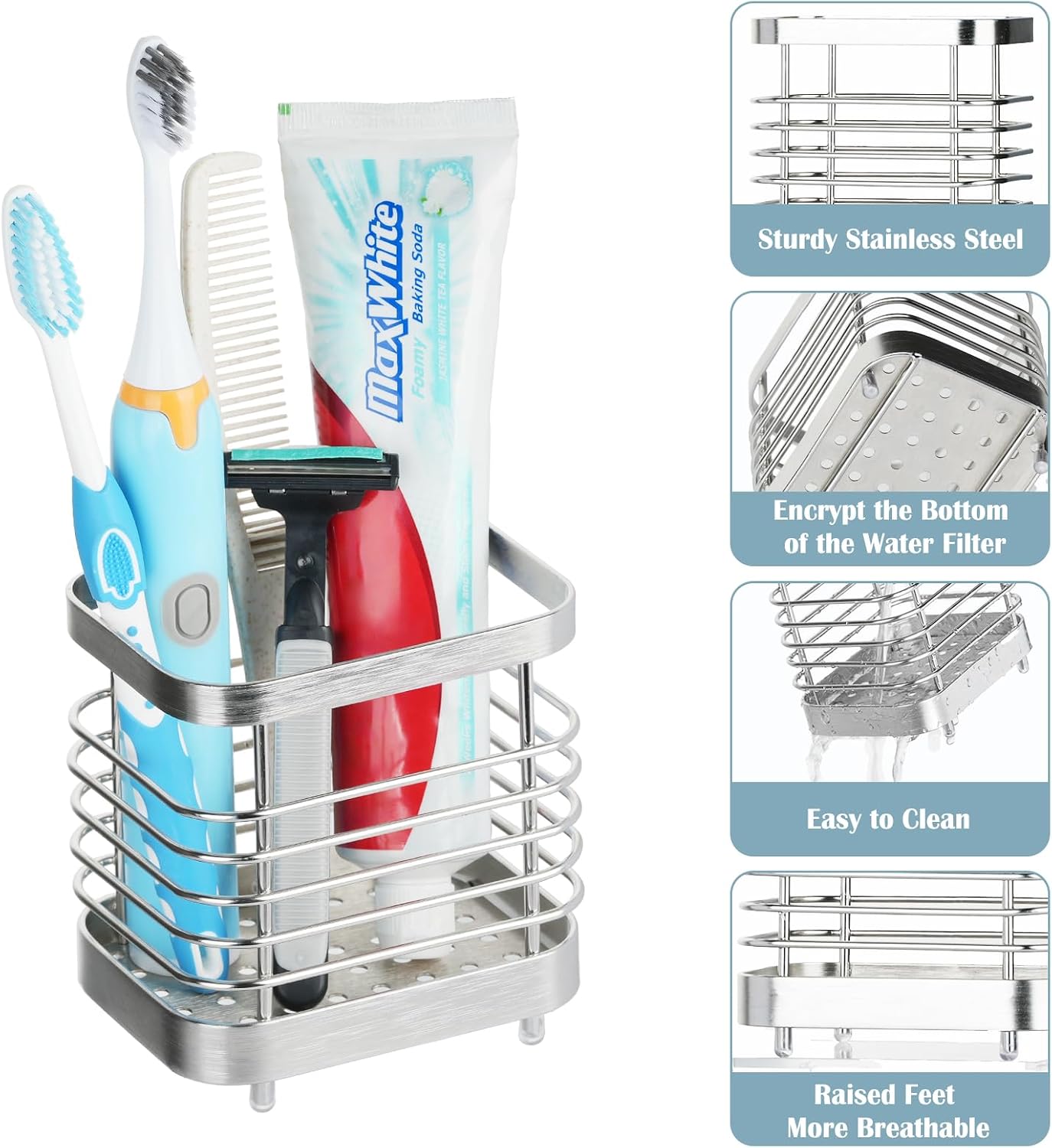 Toothbrush Holders for Bathrooms, 4 Slots Metal Tooth Brushing Organizer | Rustproof Electric Tooth Brush Toothpaste Holder with Drainage for Bathroom Countertop, White