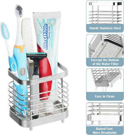 Toothbrush Holders for Bathrooms, 4 Slots Metal Tooth Brushing Organizer | Rustproof Electric Tooth Brush Toothpaste Holder with Drainage for Bathroom Countertop, White