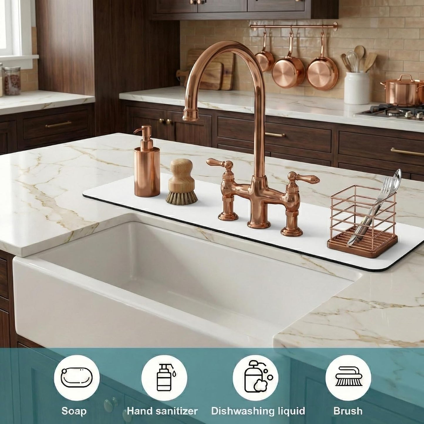 Customizable Kitchen Sink Faucet Mat: 30"Lx5.5"W Absorbent Splash Guard | Non-slip Fabric Rubber Mat, Cut to Fit Oval Rectangle Square Faucet & 2,3,4 Holes Irregular Sink with Soap Dispenser Air Gap
