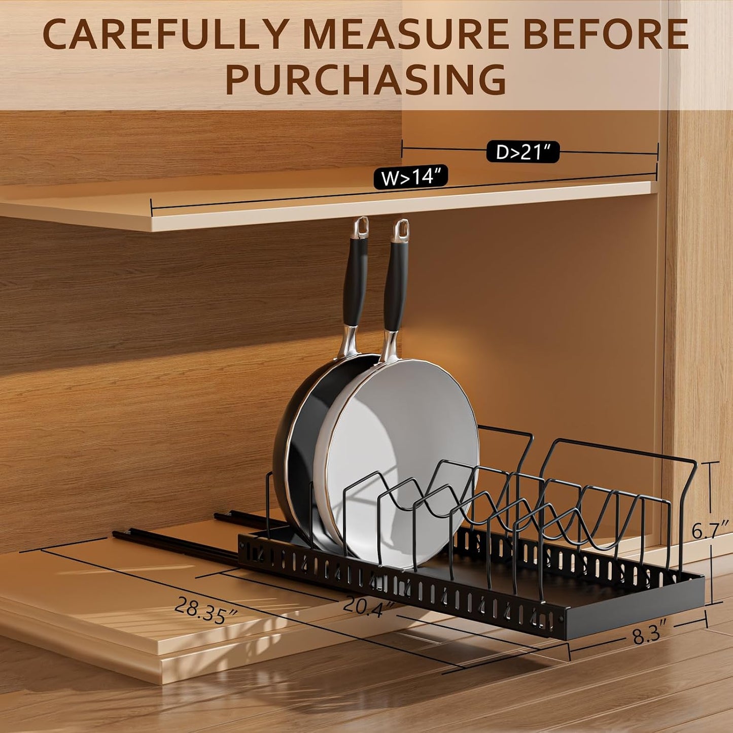 Black 2 Pack Pot Lid Organizer, Pull Out Cabinet Rack, 16 Dividers | 2-pack black carbon steel rack, 16 adjustable dividers, quiet slide rails, adhesive or screw mount for lids, pans, bakeware