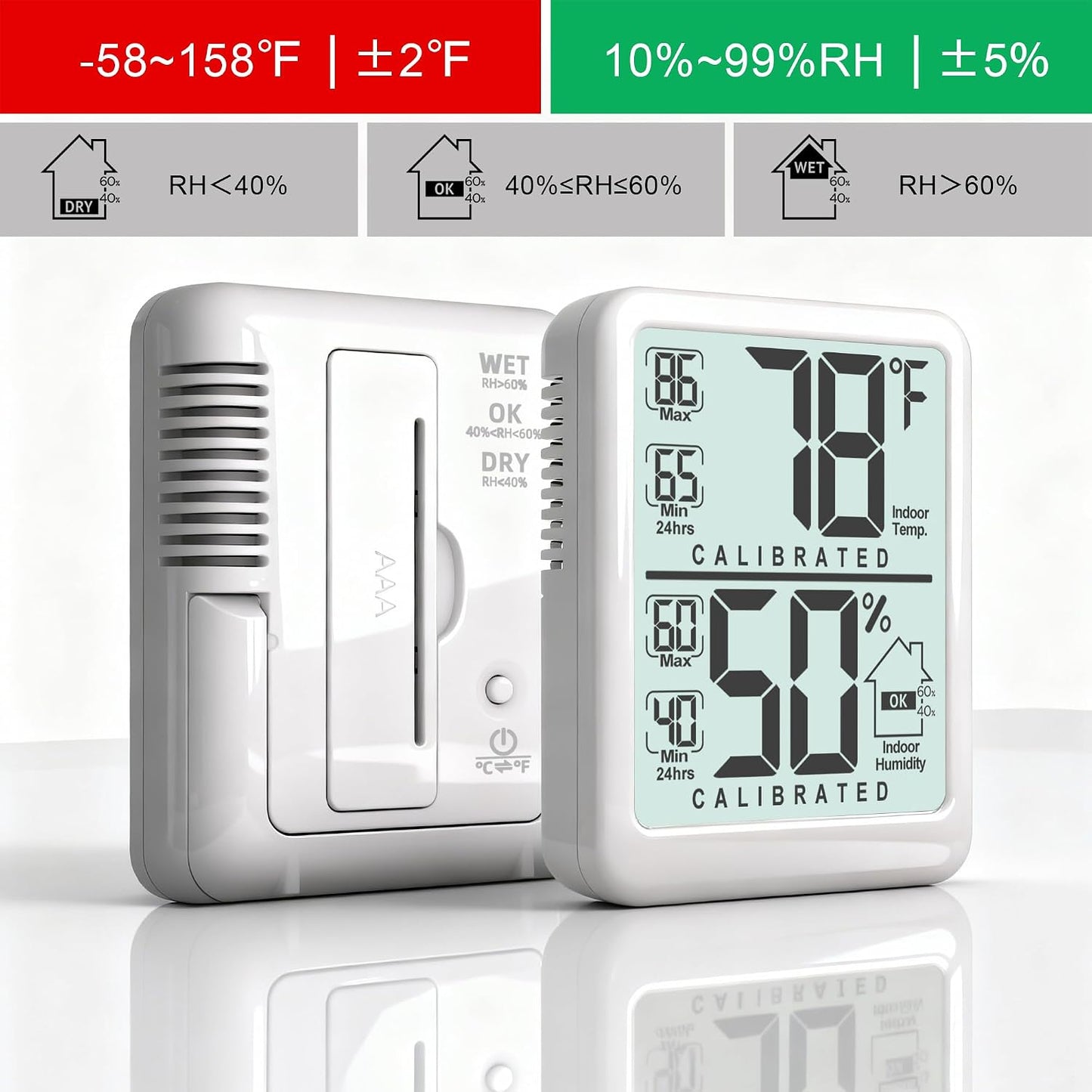 Room Thermometer Indoor Hygrometer, Temperature and Humidity Meter | W/ Battery, 24h Max/Min Record, Accurate Sensor, Fast Refresh, Easy to View, ℉/℃, Durable Kickstand, Compact, for Home Office