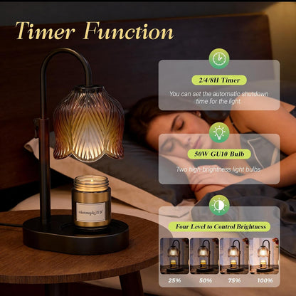 Flower Candle Warmer Lamp, Timer & 4-Level Dimmer, Adjustable Height | Flameless Electric Wax Warmer for Jar Candles, Includes 2 Bulbs, Pink, Home Decor Gift for Mom & Women, Housewarming