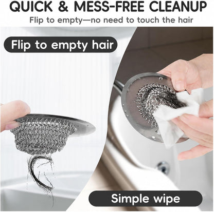 Shower Drain Hair Catcher, Patented Bathtub Drain Cover, Anti-Clog | Reversible Flip Clean, Fast Drainage, Anti-Slip Base, 304 Stainless Steel Chain Mail Mesh, 4.4" for Bathtub & Shower Drains